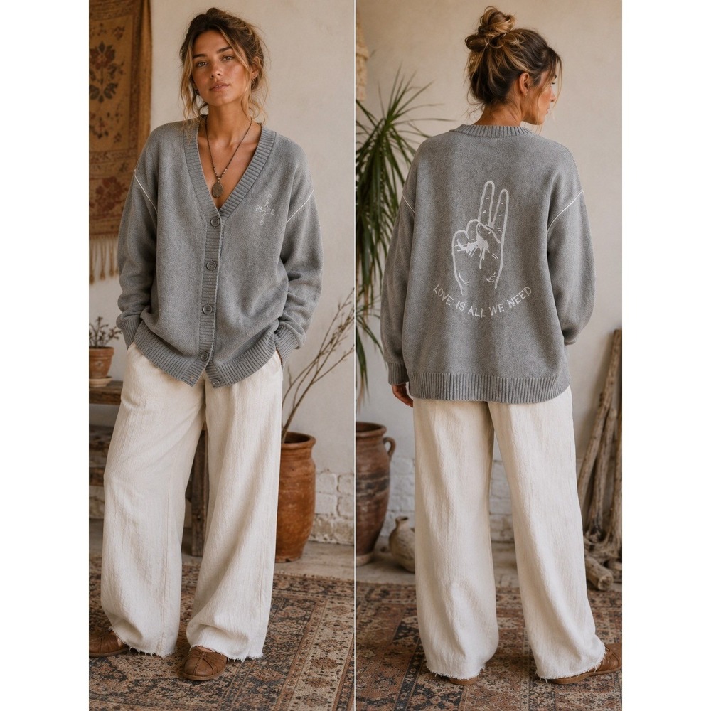 PacSun Gray Peace Sign Love Is All We Need Boho Oversized Cardigan Sweater S